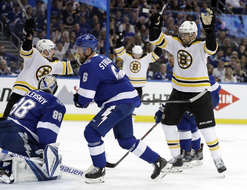 Boston Bruins winger Rick Nash, right, celebrates after scoring on Tampa Bay Lightning goaltender Andrei Vasilevskiy, left, during the first period of Game 1 of the Eastern Conference Semifinals (AP PHOTO)
