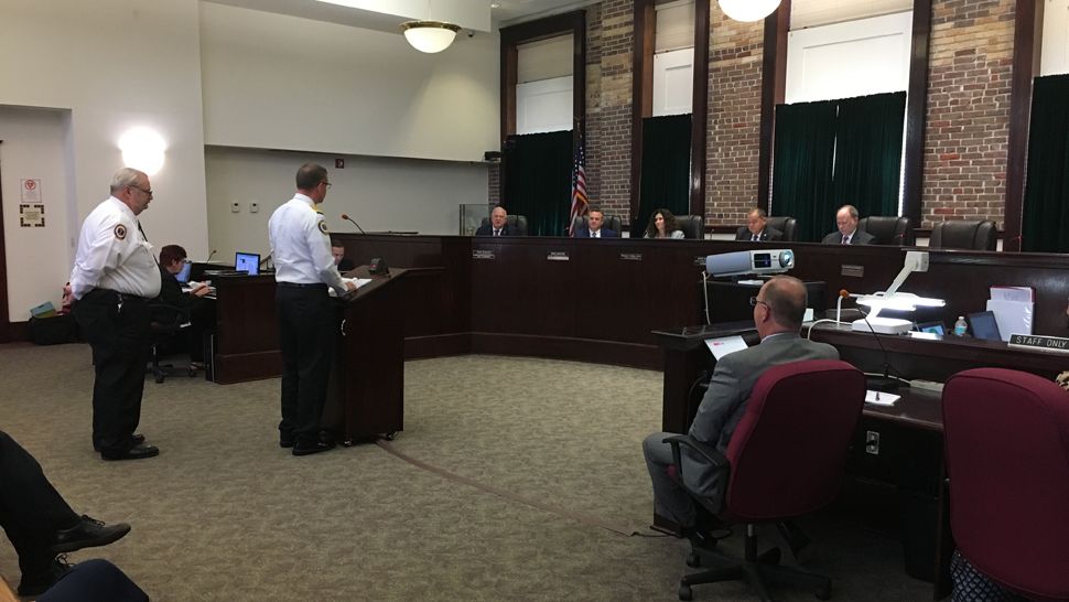 Pasco County Fire Rescue Chief Scott Cassin speaks in favor of an ordinance that speeds up the process of issuing burn bans at a county commission meeting, Wednesday, April 11, 2018. (Sarah Blazonis, staff)