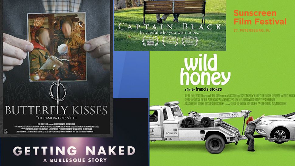Posters for selections playing at the 2018 Sunscreen Film Festival. Clockwise from top left corner: "Butterfly Kisses," "Captain Black," "Wild Honey," and "Getting Naked: A Burlesque Story."