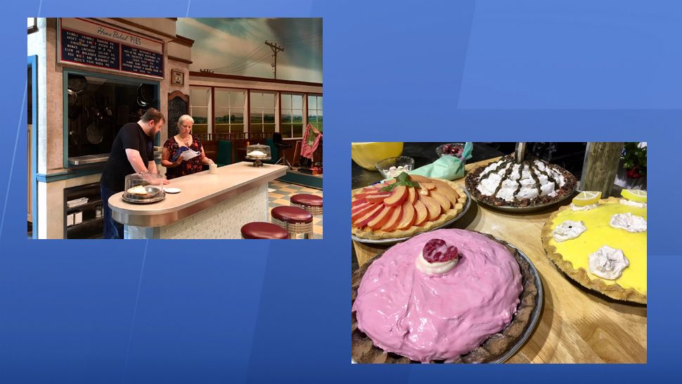 Left: Actors rehearsing on set for "Waitress," playing at the Straz Center through Sunday, April 29; Right: Pies used in the production - can you tell which ones are fake? (Virginia Johnson, staff)