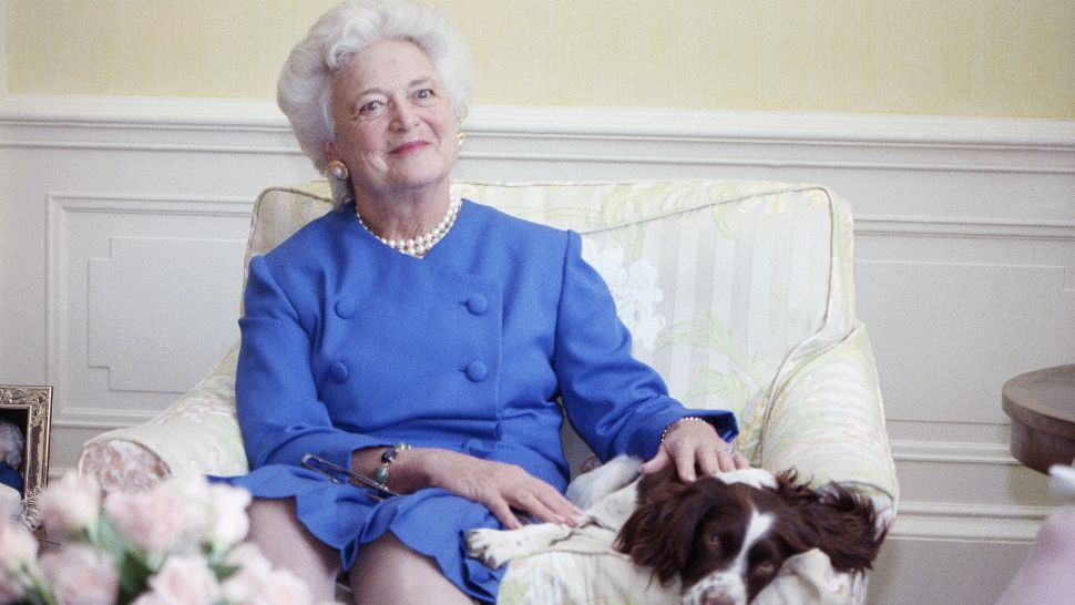 First Lady Barbara Bush poses with her dog Millie in 1990. (AP Photo/Doug Mills)