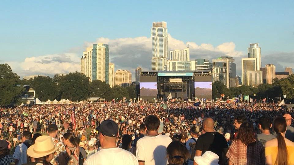 A crowd stretches as far as the eye can see with the Austin skyline in the background during ACL Fest 2018. (Spectrum News Photograph | Joshua Kleinstreuer)