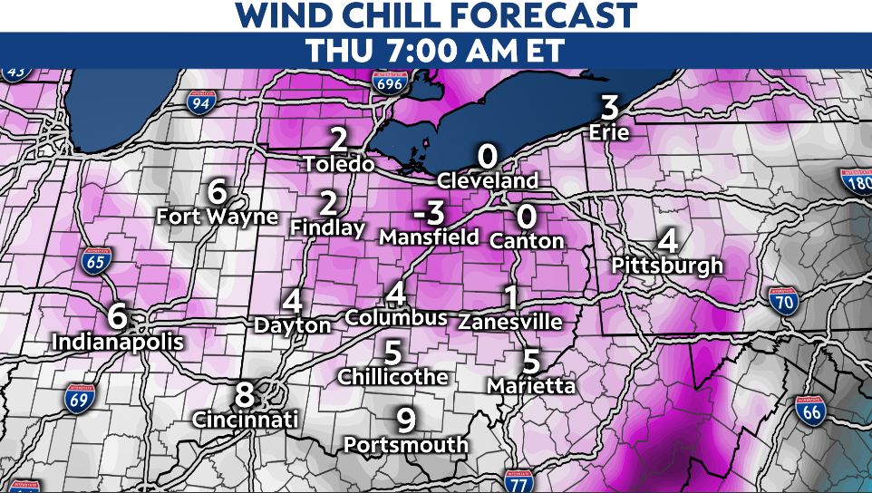 Snow continues through the day, bitter cold moves in