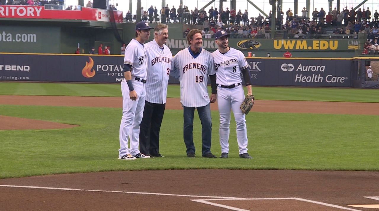 Four Brewers MVPs (Fingers, Yount, Braun, Yelich) part of first pitch