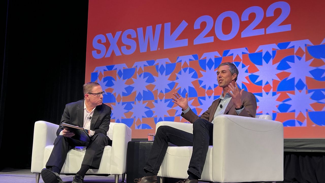 Evan Smith, CEO and co-founder of the Texas Tribune, interviews Texas gubernatorial candidate Beto O’Rourke, a Democrat, at SXSW in Austin. (Spectrum News 1/Ryan Cooper)