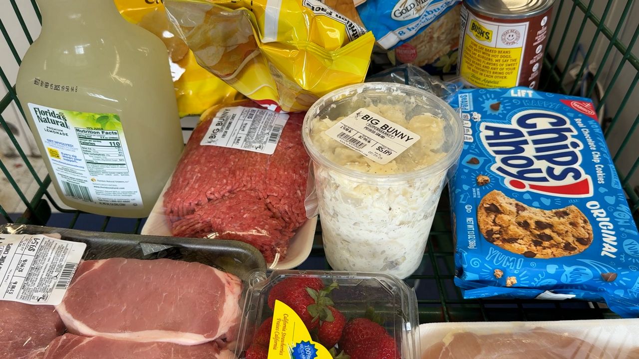 A cart full of groceries at Big Bunny Market in Southbridge. (Spectrum News 1/Dan Reidy)