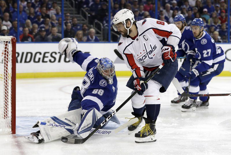 Andrei Vasilevskiy stops a first-period shot by Washington Capitals star Alex Ovechkin in Tampa Bay's 6-2 loss to the Capitals on Sunday night.  (AP Photo/Chris O'Meara)
