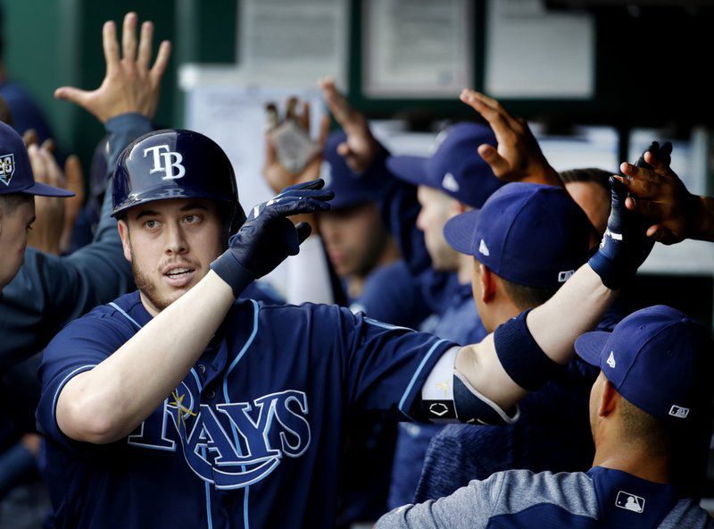 Rays first baseman C.J. Cron celebrates after hitting a first-inning two-run HR in the Rays 6-5 win over Kansas City.  (AP Photo/Charlie Riedel)