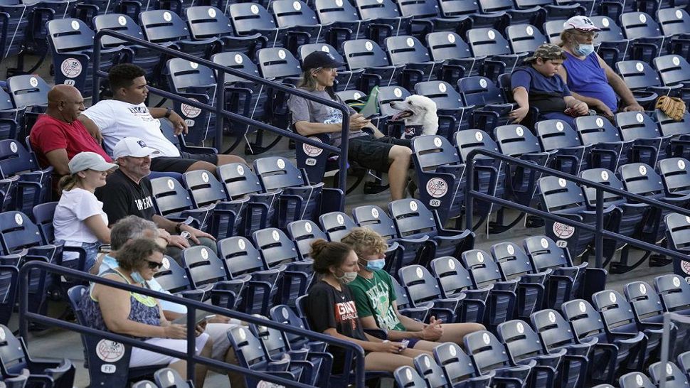Fans are socially distanced during the first inning of a Low A Southeast League baseball game between the Dunedin Blue Jays and the Tampa Tarpons at George M. Steinbrenner Field Tuesday. Minor league baseball is starting back up after having their season canceled last year by the coronavirus pandemic. The Tarpons were welcoming dogs at the game. (AP Photo/Chris O'Meara)