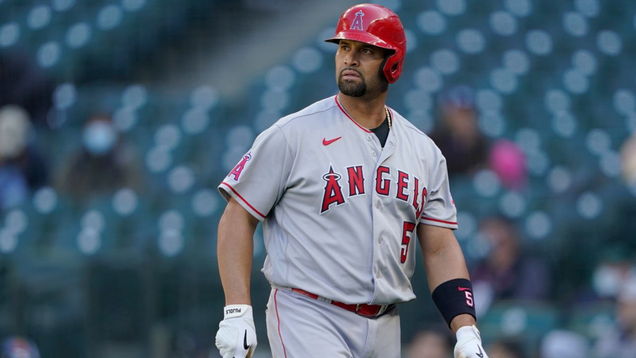 Los Angeles Angels Albert Pujols against the Seattle Mariners on May 2, 2021, in Seattle. (AP Photo/Ted S. Warren)