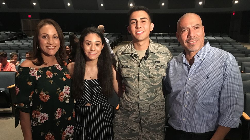 L to R: Sandra Jaramillo, Mayah Jaramillo, Airman Joel Jaramillo, and Carlos Jaramillo. Airman Jaramillo surprised his father and sister with his unexpected attendance at Mayah’s eighth grade promotion ceremony on Friday, May 25, 2018.