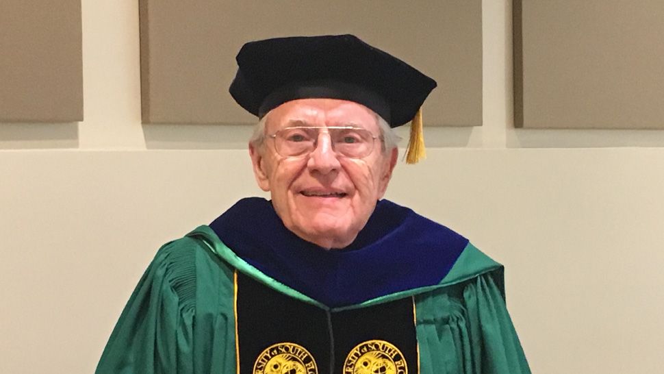 At 81, John Voelpel will be the oldest member of his graduating class at USF when he walks in the school's graduation ceremony on May 4, 2018. (Dalia Dangerfield, staff)