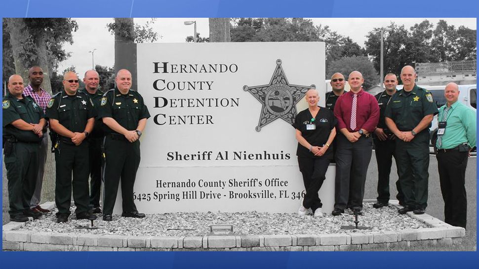 Hernando County Detention Center nurse Debra Dolby, seen here surrounded by Hernando County deputies showing support for her as she battles ovarian cancer. (Photos courtesy Hernando County Sheriff's Office)