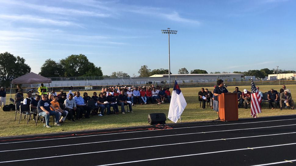 Participants gather at Gibbs High School in St. Petersburg for a National Day of Prayer event Thursday. (Laurie Davison, staff)
