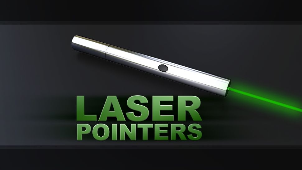 Green laser pointer with LASER POINTERS lettering, over texture, finished graphic. (AP Images)