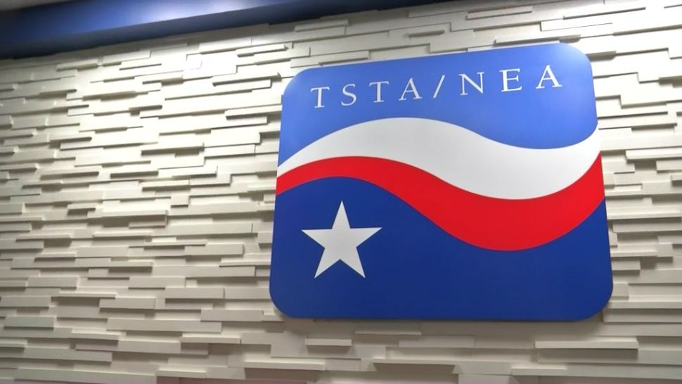 Texas State Teachers Association/National Education Association sign (Spectrum News footage)