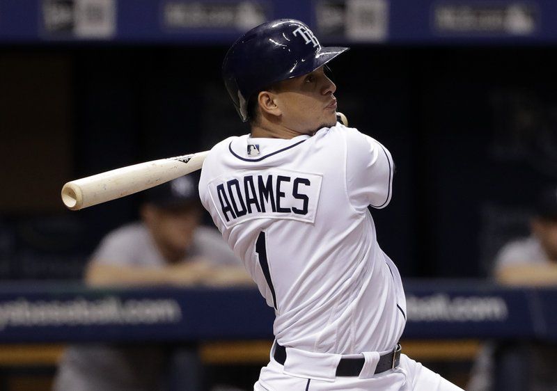 Tampa Bay Rays rookie Willy Adames hits an RBI-single off New York Yankees starting pitcher CC Sabathia during the fourth inning of the Rays 2-1 win over the Yankees.  (AP Photo/Chris O'Meara)