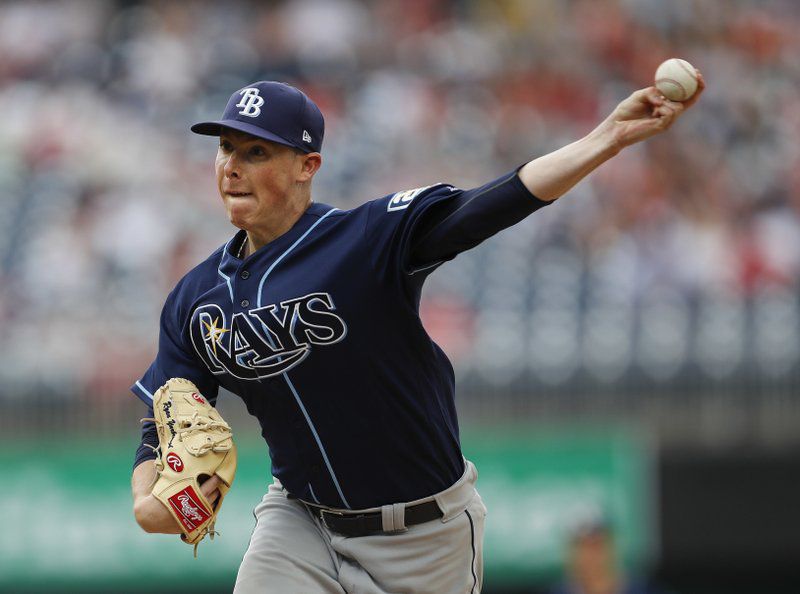 Rays lefty Ryan Yarbrough delivers against the Washington Nationals in the 5th inning of Wednesday's 11-2 loss.  Yarbrough allowed four earned runs in 5.1 innings.  (AP Photo/Pablo Martinez Monsivais)