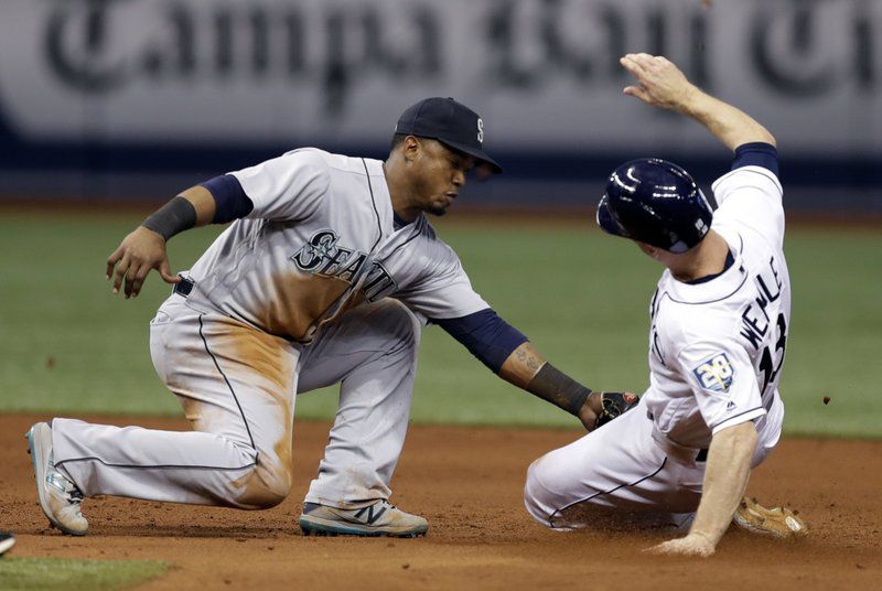 Rays' Joey Wendle is caught stealing to end the game as Tampa Bay lost their eighth straight game, falling to the Mariners 4-3.  (AP Photo/Chris O'Meara)
