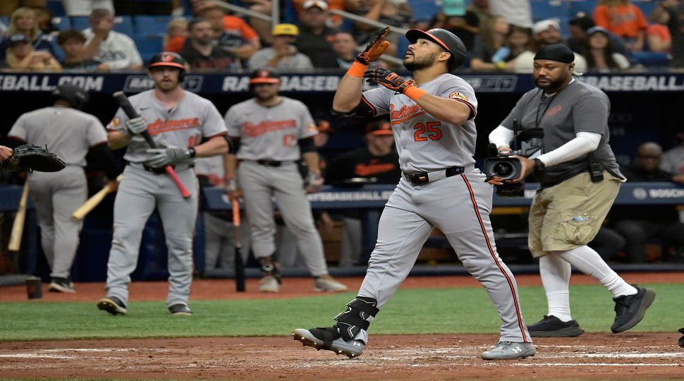 Baltimore Orioles' Anthony Santander (25) celebrates after hitting a solo home run off Tampa Bay Rays pitcher Zack Littell during the fourth inning of a baseball game Sunday, June 9, 2024, in St. Petersburg, Fla. (AP Photo/Steve Nesius)