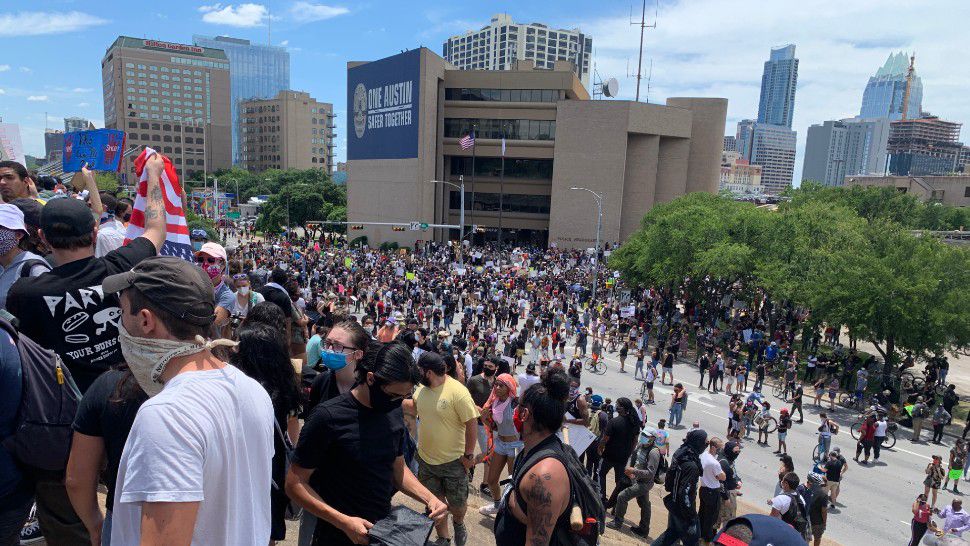 Protesters are gathered near Austin Police Department Headquarters in Austin, Texas, in this image from May 30, 2020. (John Pope/Spectrum News)