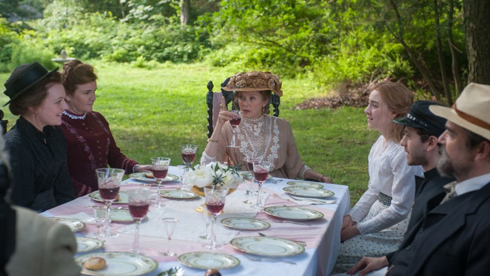 Left to Right: Elisabeth Moss as Masha, Mare Winningham as Polina, Annette Bening as Irina, Saoirse Ronan as Nina, Michael Zegen as Medvedenko, and Jon Tenney as Doctor Dorn Photo By Abbott Genser, Courtesy of Sony Pictures Classics.