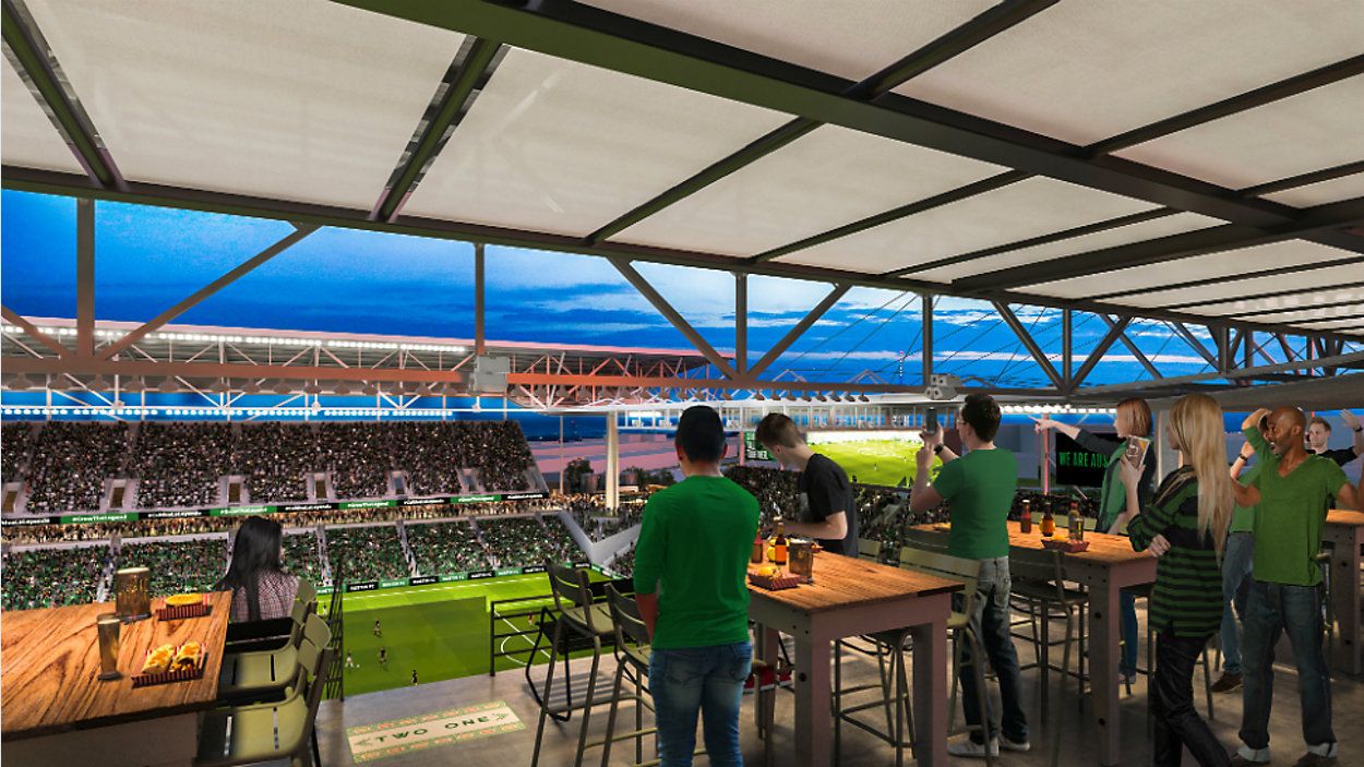 Artist's rendering of interior view of the West Terrace porch of the forthcoming Austin FC stadium. (Photo Credit: Austin FC)