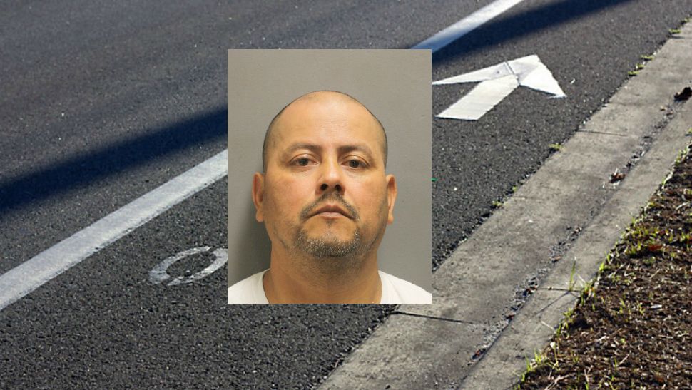 Mugshot of suspect Gilbert Villegas atop a background image of a road