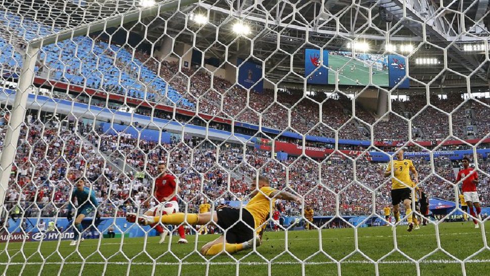 Belgium's Toby Alderweireld clears the ball off the line after a shot from England’s Eric Dier during the third place match between England and Belgium at the 2018 soccer World Cup (AP Photo/Natacha Pisarenko)