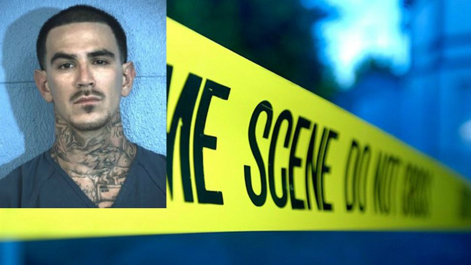 Mugshot of Jason Ovalle atop a generic crime scene background (Spectrum News graphic)