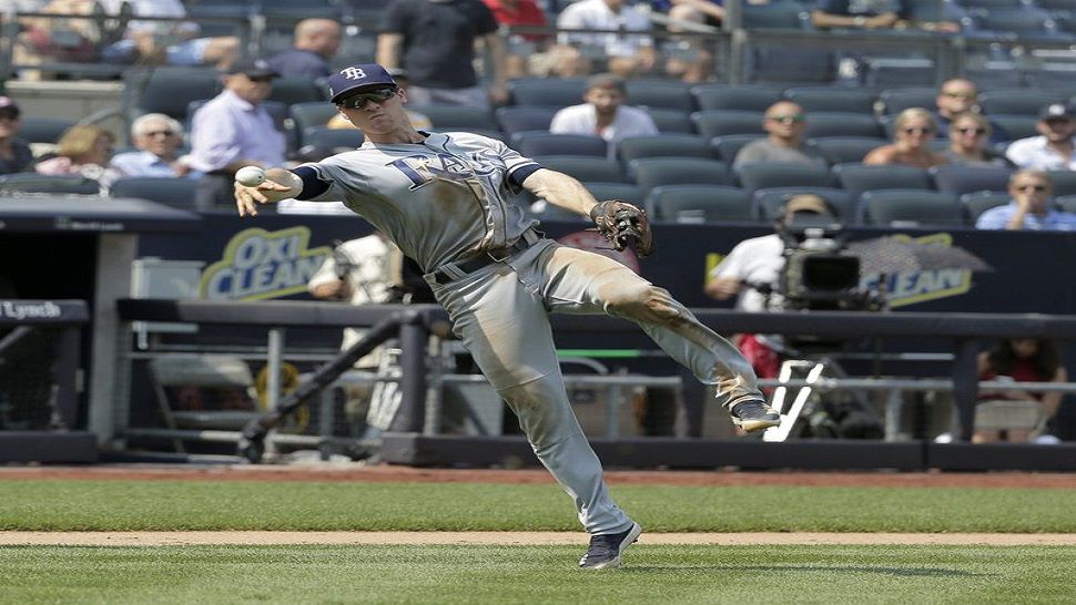 Rays third baseman Joey Wendle makes a throw to first base during the sixth inning of a baseball game against the New York Yankees at Yankee Stadium Thursday.  Wendle's RBI double gave the Rays a 1-0 lead in the top of the 1st. (AP Photo/Seth Wenig)