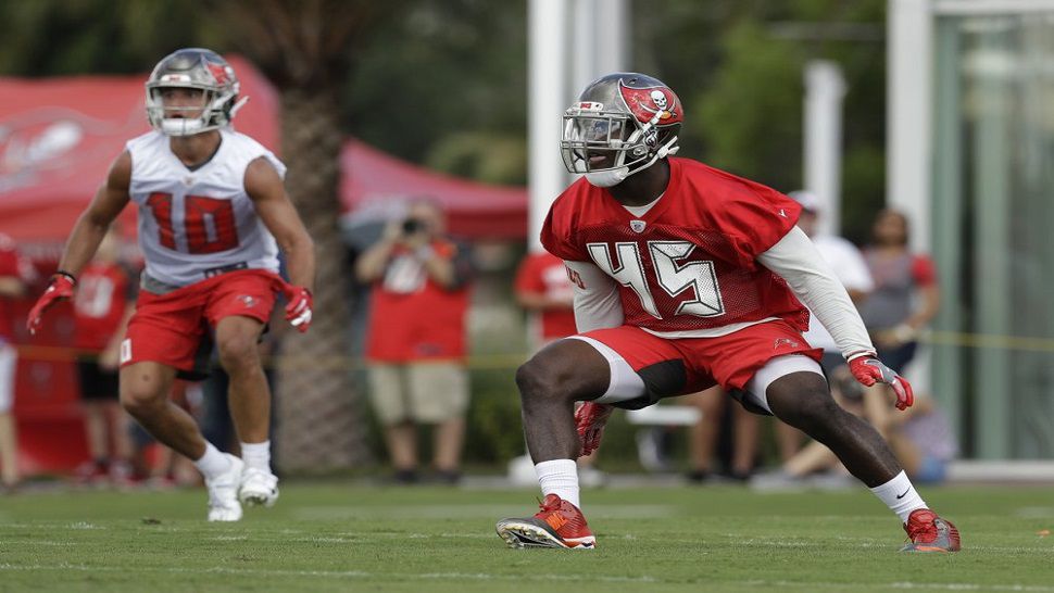 Rookie linebacker Devin White has impressed at Buccaneers training camp.  Tampa Bay selected the LSU product 5th overall in the 2019 NFL Draft.  (AP Photo/Chris O'Meara)