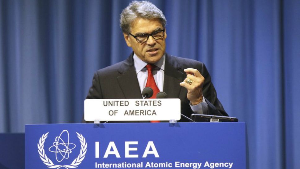 U.S. Energy Secretary Rick Perry delivers his speech at opening of the general conference of the International Atomic Energy Agency, IAEA, at the International Center in Vienna, Austria, Monday, Sept. 16, 2019. (AP Photo/Ronald Zak)