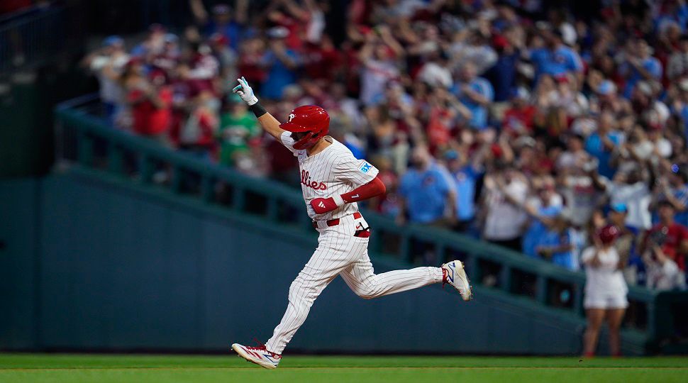 Philadelphia Phillies' Trea Turner runs the bases after hitting a two-run home run off Tampa Bay Rays' Taj Bradley during the third inning of a baseball game, Tuesday, Sept. 10, 2024, in Philadelphia. (AP Photo/Derik Hamilton)