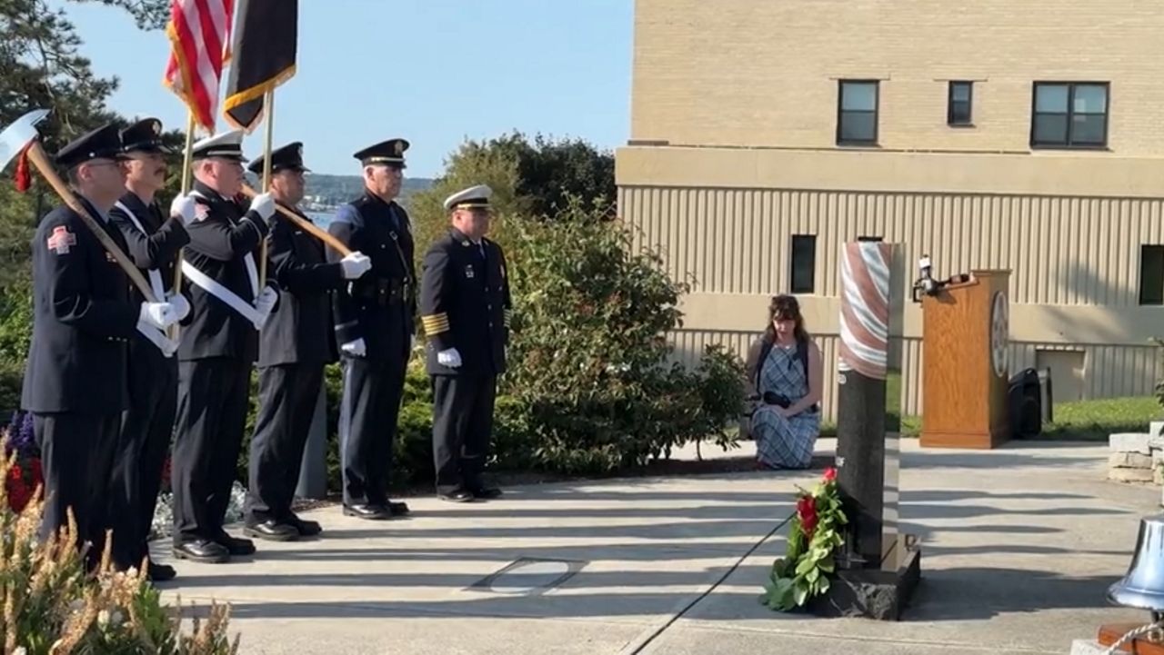 First responders gather during Portland's 9/11 remembrance ceremony Wednesday. (Spectrum News/Matthew Jaroncyk)