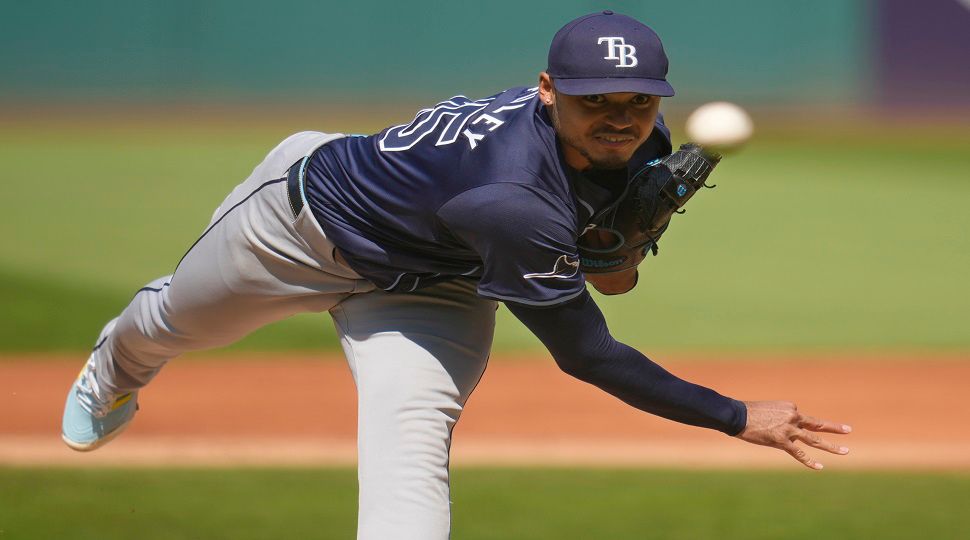 Tampa Bay Rays' Taj Bradley pitches in the first inning of a baseball game against the Cleveland Guardians, Sunday, Sept. 15, 2024, in Cleveland. (AP Photo/Sue Ogrocki)