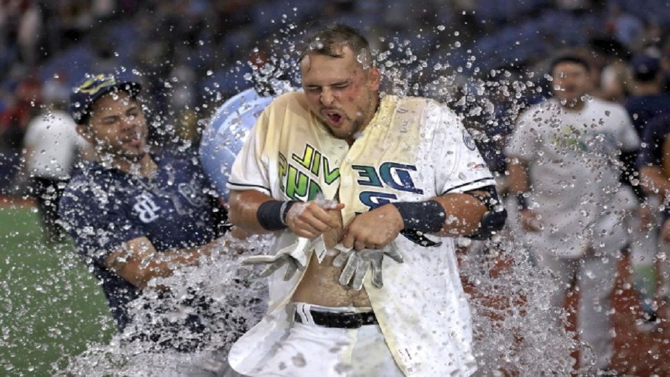 Nate Lowe's two-run 11th-inning home run gave Tampa Bay a 5-4 walk-off win over the Red Sox for the second straight night.  It was Lowe's first career walk-off home run.  (AP Photo/Chris O'Meara)