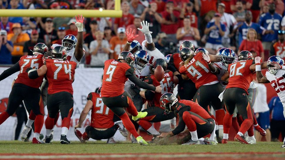 Tampa Bay Buccaneers kicker Matt Gay (9) misses a 34-yard field goal attempt as time expires against the New York Giants.  The rookie also missed one extra point and had another blocked in the 32-31 loss.  (AP Photo/Jason Behnken)