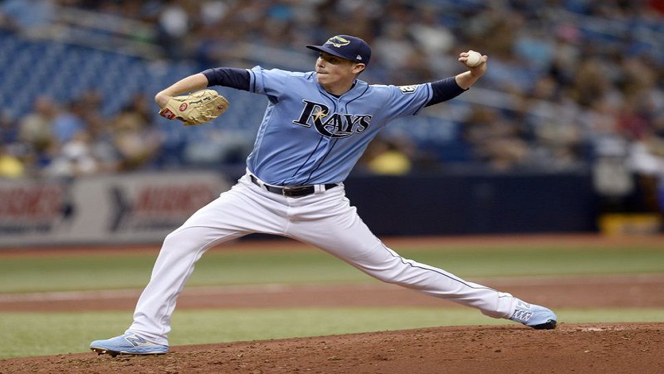 Rays rookie Ryan Yarbrough (48) throws a pitch during the second inning of the Rays season-ending win over the Blue Jays. Yarbrough got his MLB rookie-leading 16th win of the season. (AP Photo/Jason Behnken)