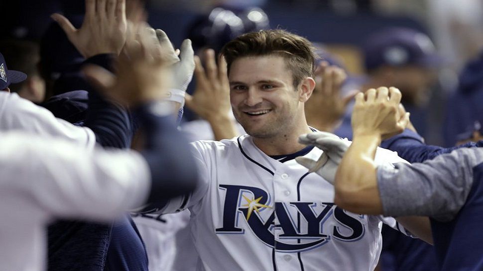 Rays rookie Nick Ciuffo celebrates with teammates in the dugout after his three-run home run (the first of his career) in the Rays 14-2 victory Friday night. (AP Photo/Chris O’Meara)