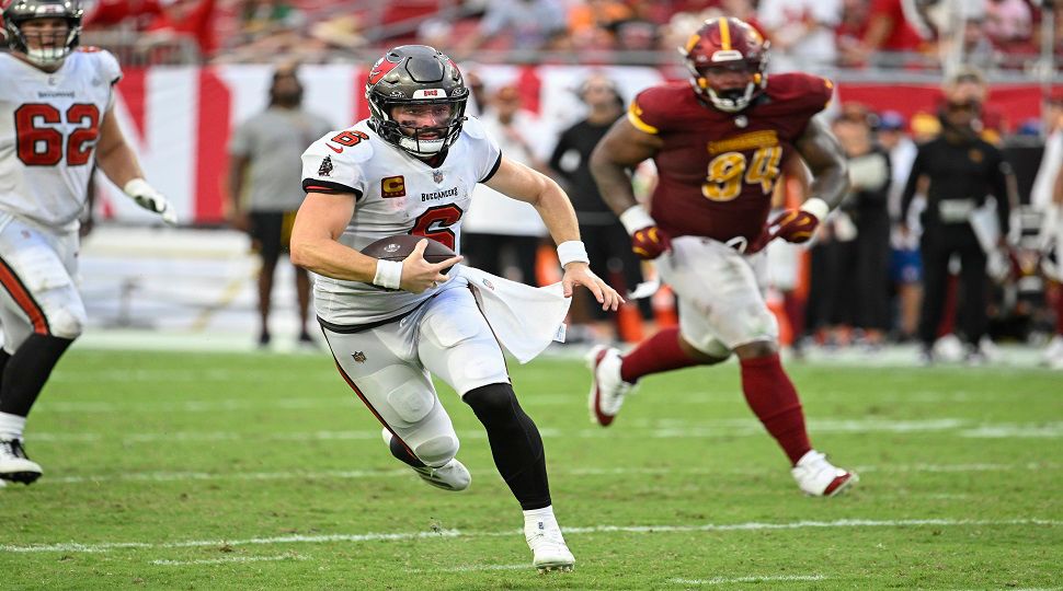 Tampa Bay Buccaneers quarterback Baker Mayfield (6) throws a pass during the first half of an NFL football game against the Washington Commanders Sunday, Sept. 8, 2024, in Tampa, Fla. (AP Photo/Jason Behnken)