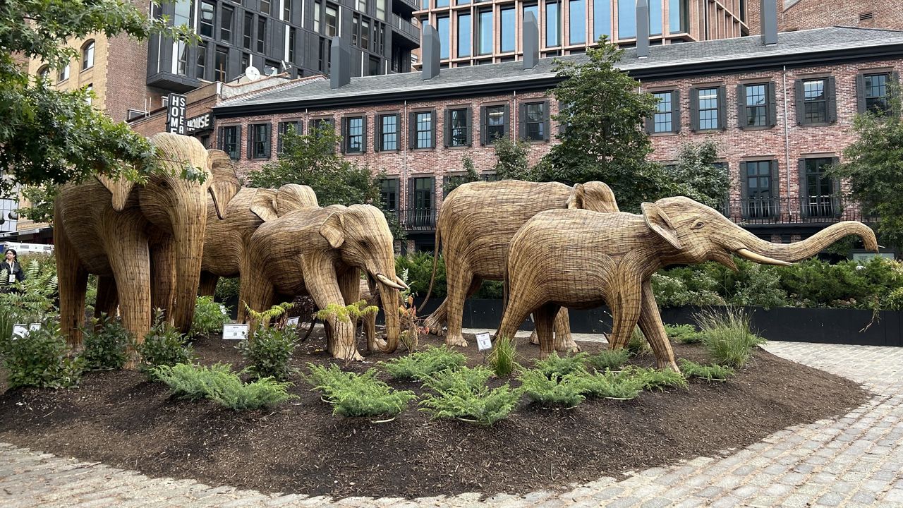 An exhibit featuring 100 life-sized Indian elephant sculptures, titled “The Great Elephant Migration,” will leave the city’s Meatpacking District on Sunday, Oct. 20. (Spectrum News NY1/Nicole Porette)
