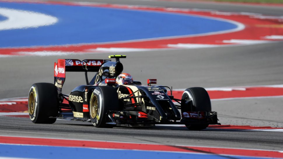 Lotus driver Pastor Maldonado, of Venezuela, drives his car during the third practice session for the Formula One U.S. Grand Prix auto race at the Circuit of the Americas, Saturday, Nov. 1, 2014, in Austin, Texas. (AP Photo/Eric Gay