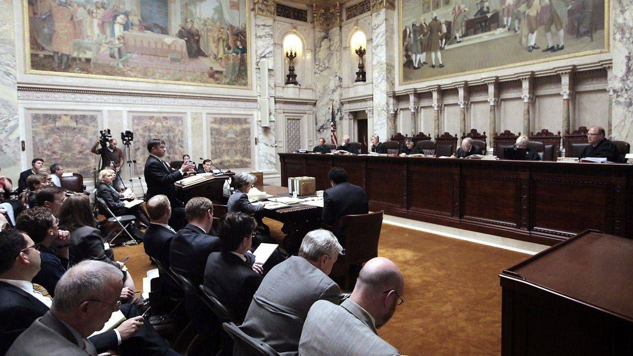 The Wisconsin Supreme Court considers oral arguments regarding whether the court should exercise jurisdiction over matters relating to the passage of 2011 Wis. Act 10, commonly referred to as the budget repair bill, during a hearing at the Wisconsin State Capitol Monday, June 6, 2011.