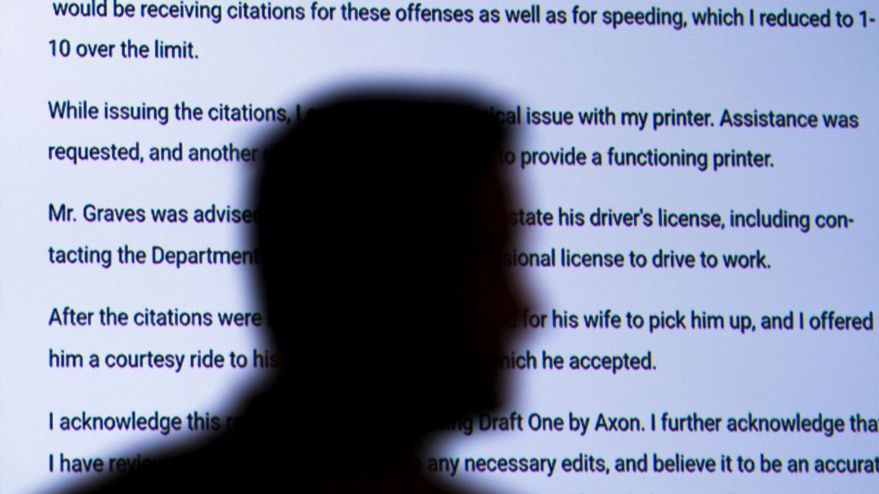 Captain Jason Bussert demonstrates Draft One, an AI powered software that creates police reports from body cam audio, at Oklahoma City police headquarters on FRiday, May 31, 2024 in Oaklahoma City, Oaklahoma. (Courtesy: AP/Nick Oxford)