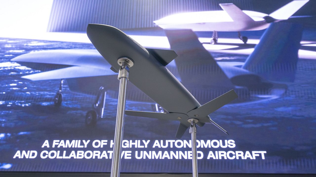 FILE - The Longshot, an armed, unmanned aircraft by General Atomics, is displayed at the Air & Space Forces Association Air, Space & Cyber Conference, Wednesday, Sept. 13, 2023, in Oxon Hill, Md. (AP Photo/Alex Brandon)