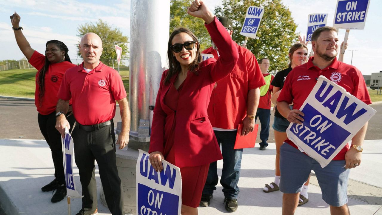 Rep. Alexandria Ocasio-Cortez, (D-N.Y.) and Rep. Cory Bush (D-St. Louis) (L) join striking United Auto Workers, members of 2250 of the General Motors Wentzville Assembly Plant in Wentzville, Missouri on the picket line, on Sunday, September 24, 2023. (UPI/Bill Greenblatt)