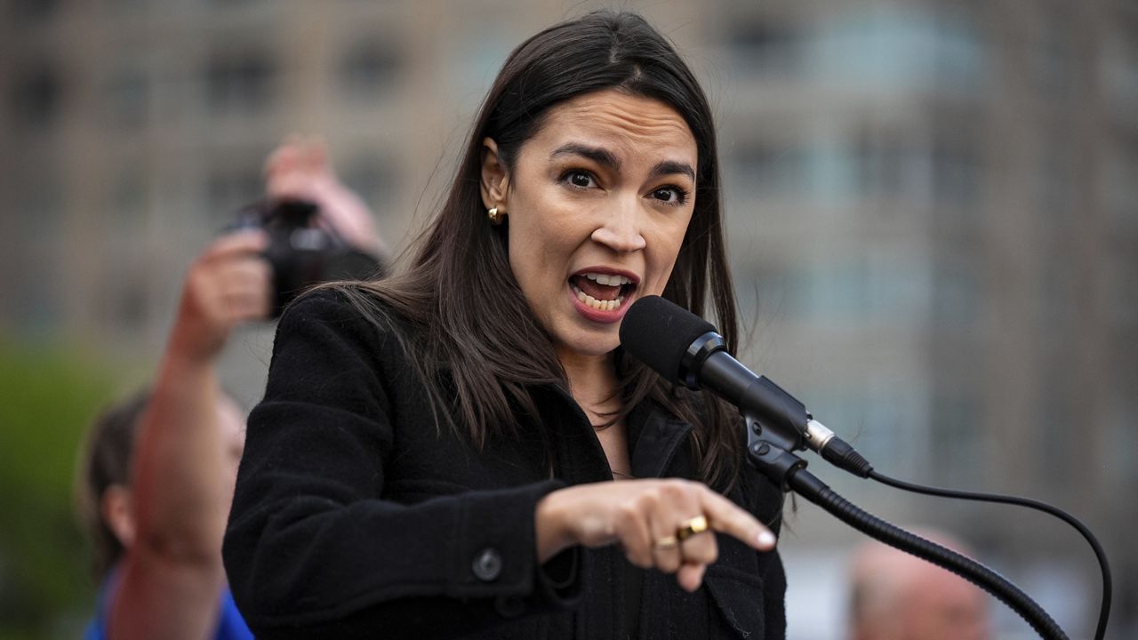 Rep. Alexandria Ocasio-Cortez (D-N.Y.) speaks at the NYCLU's May Day rally for worker's and immigrants rights at Foley Square, Thursday, May 1, 2025, in New York. (AP Photo/Angelina Katsanis)