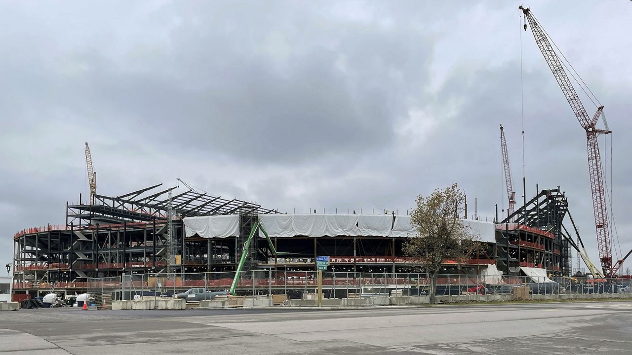 Construction continues on the Buffalo Bills' new stadium, Friday, Nov. 15, 2024, in Orchard Park, N.Y., which is on track to open in time for the 2026 NFL football season. (AP Photo/John Wawrow)