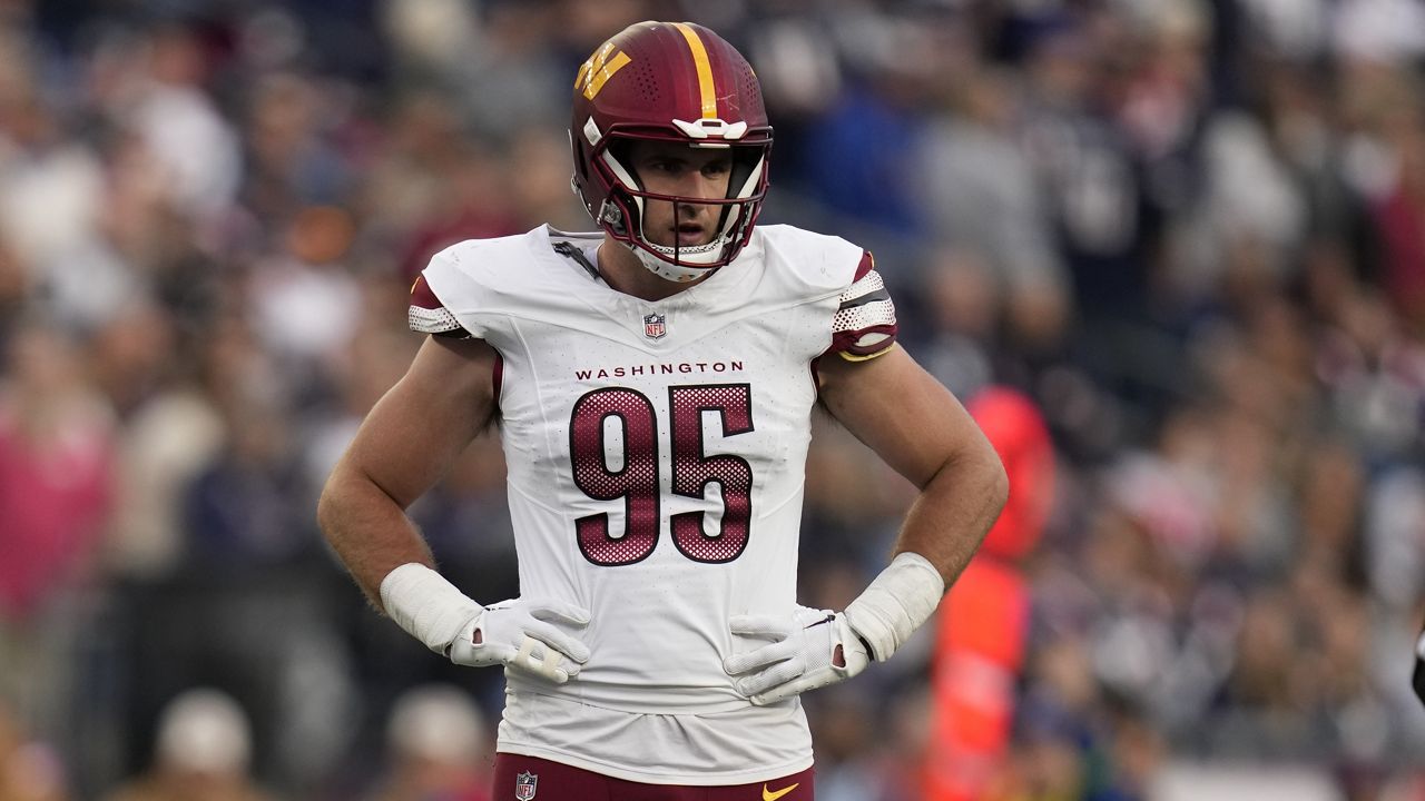 Former Washington Commanders defensive end Casey Toohill (95) during an NFL football game, Sunday, Nov. 5, 2023, in Foxborough, Mass. (AP Photo/Charles Krupa)